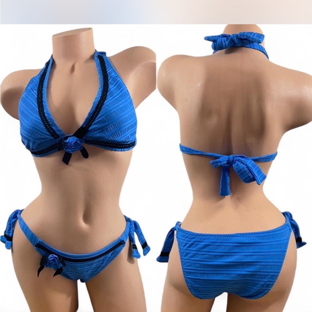 Betsey Johnson Bikini Blue Black Halter Hip Ties Flowers Embroidered Bows Retro